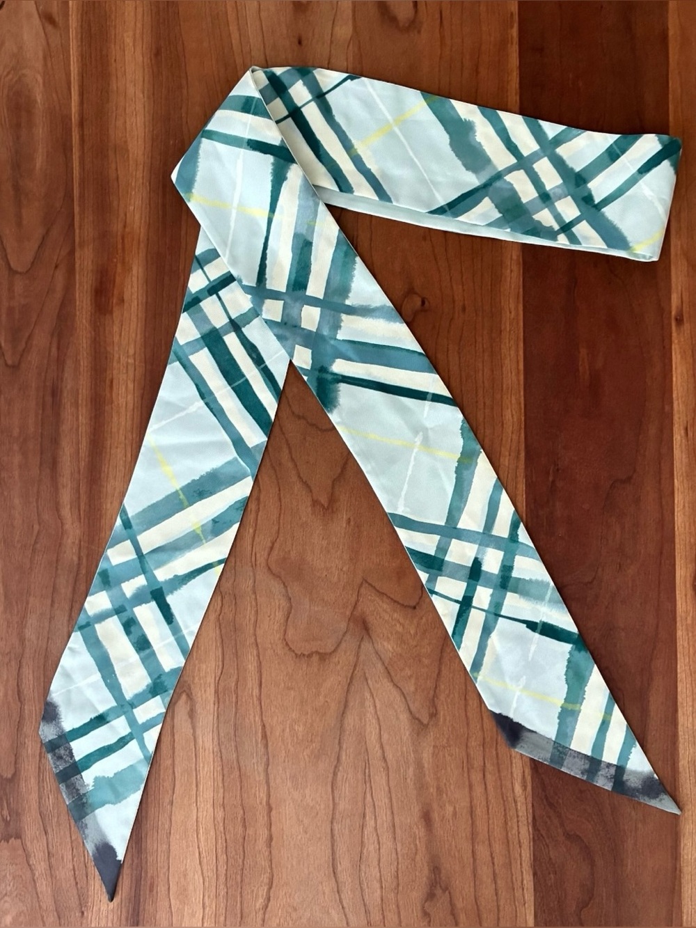 Burberry Silk Twilly Skinny Scarf Plaid Horse Logo Sage Green Yellow Gray Italy